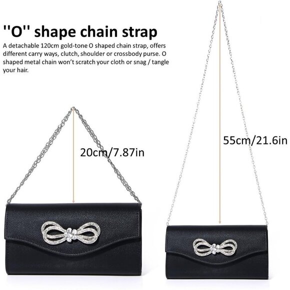 Women Black Shiny Crystal Bow Flap Clutch Wedding Party Handbag - Picture 5 of 9